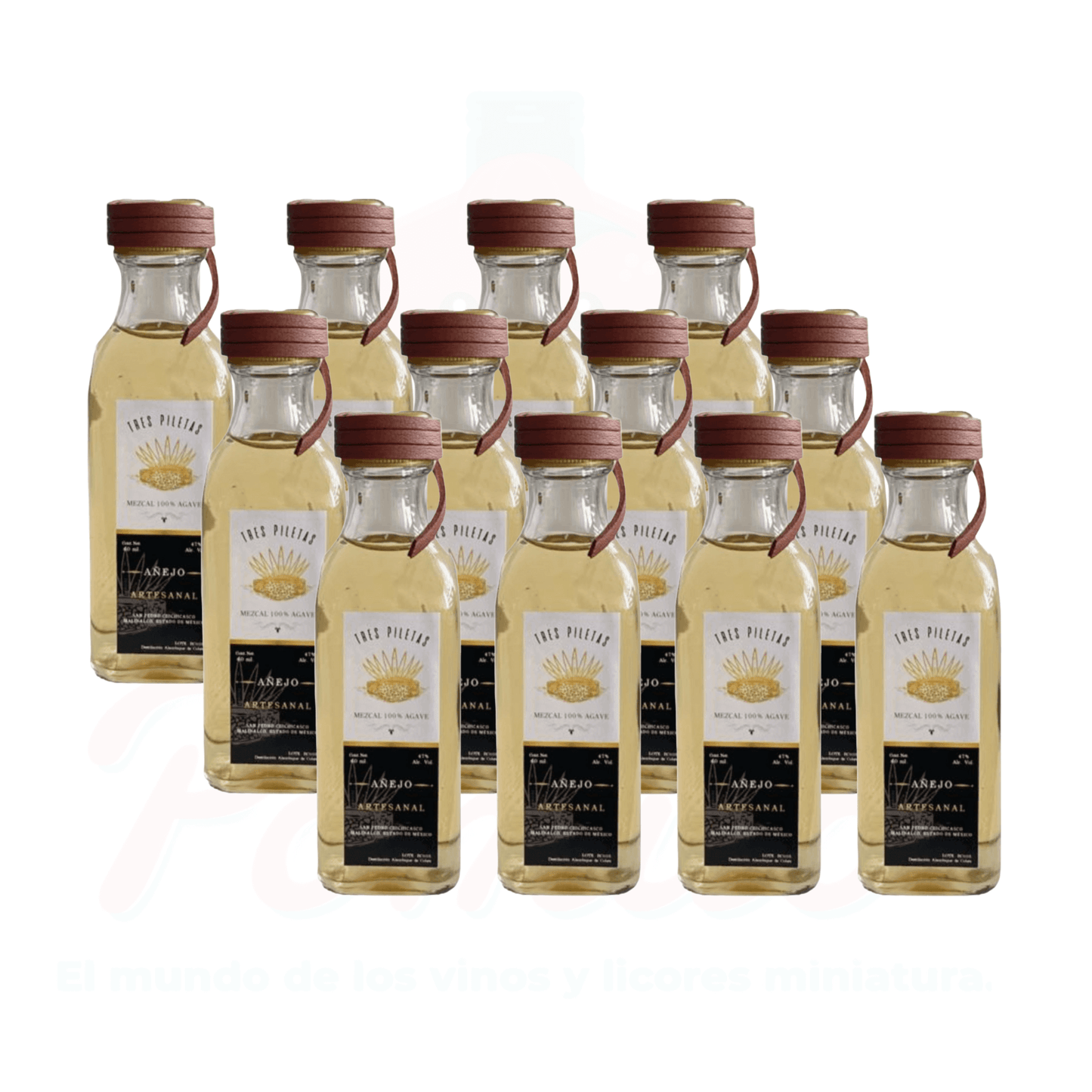 (12 Piezas) Mini Mezcal Artesanal Tres Piletas Añejo 60 ml.