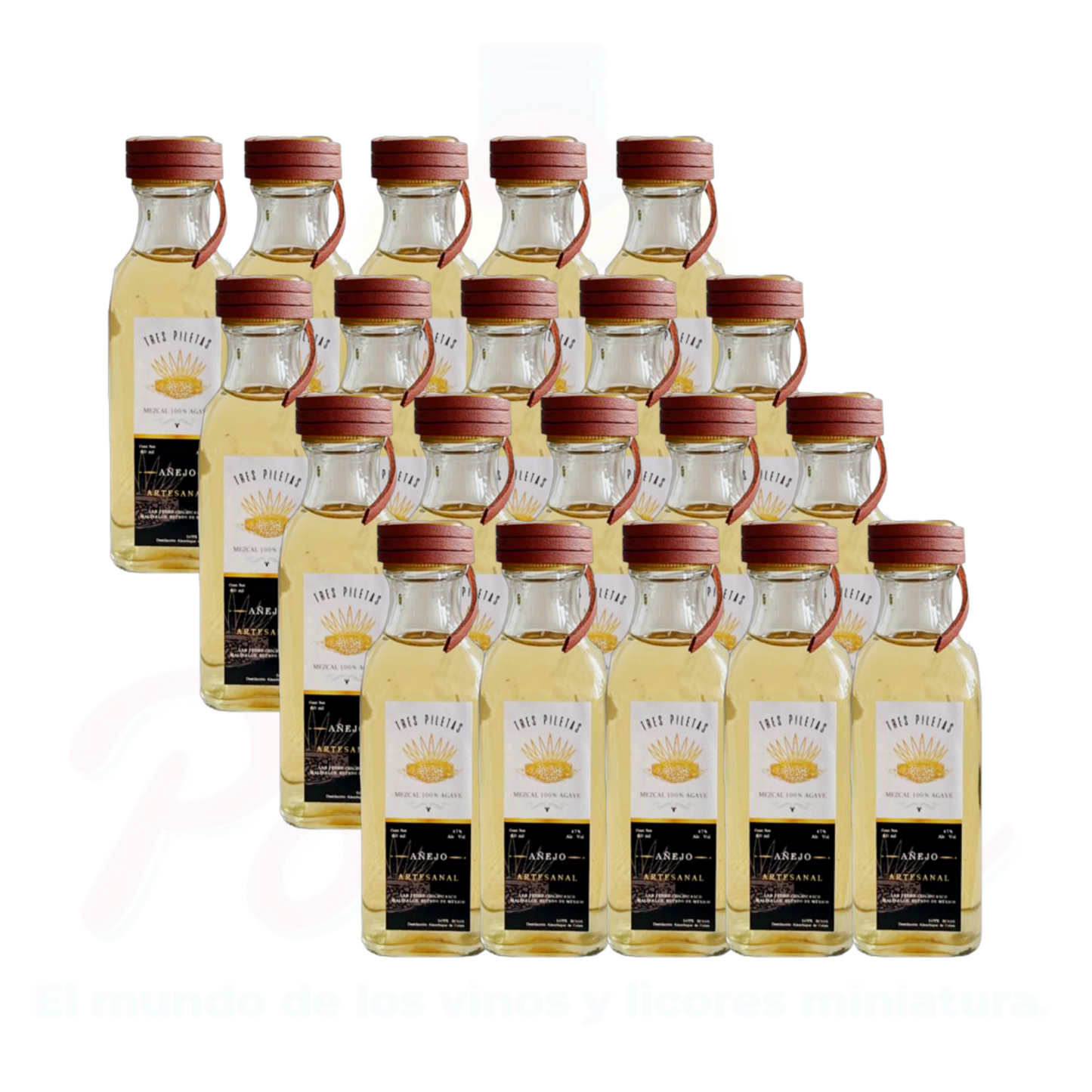 (20 Piezas) Mini Mezcal Artesanal Tres Piletas Añejo 60 ml.