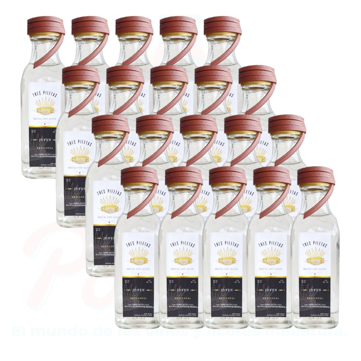 (20 Piezas) Mini Mezcal Artesanal Tres Piletas Joven 60 ml.