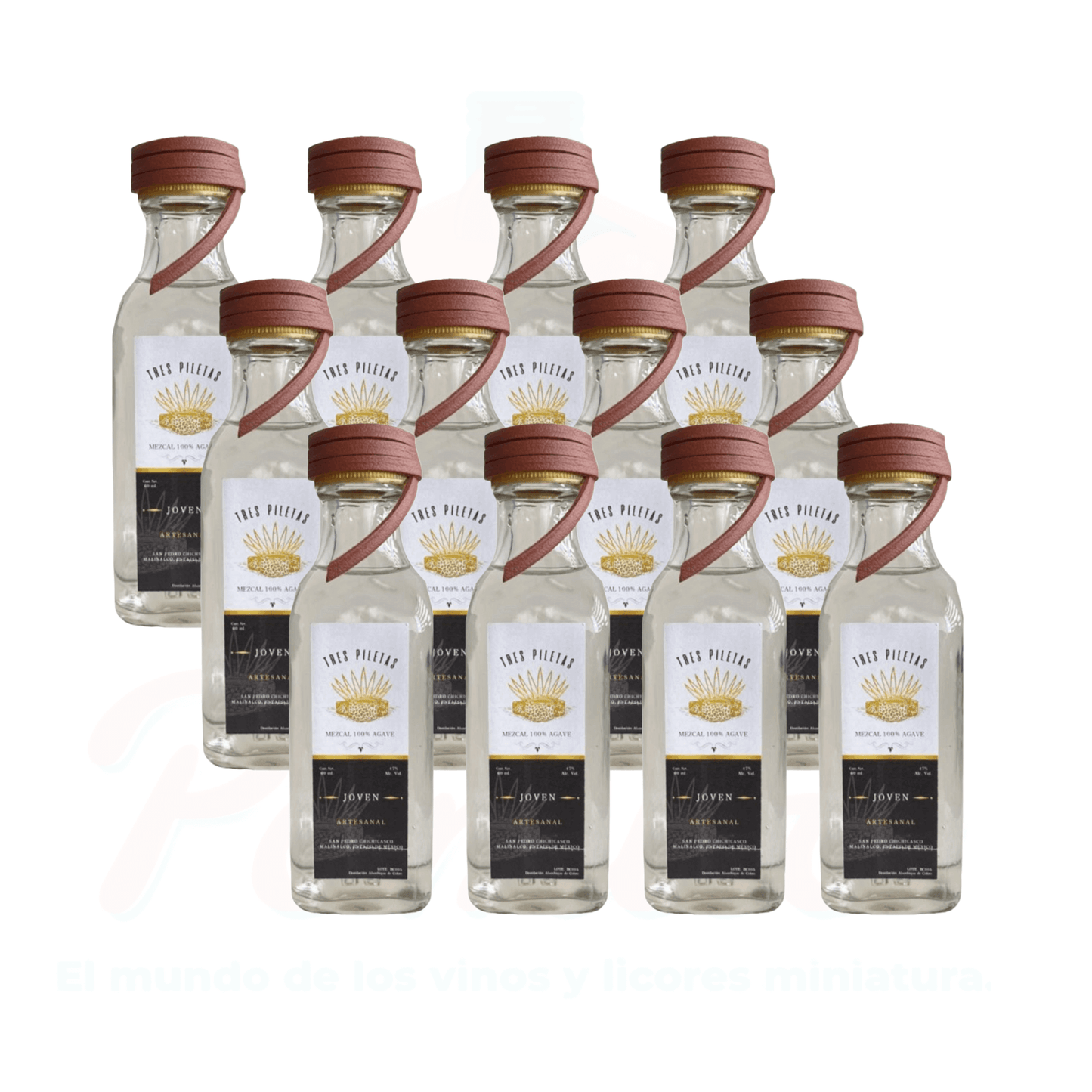 (12 Piezas) Mini Mezcal Artesanal Tres Piletas Joven 60 ml.