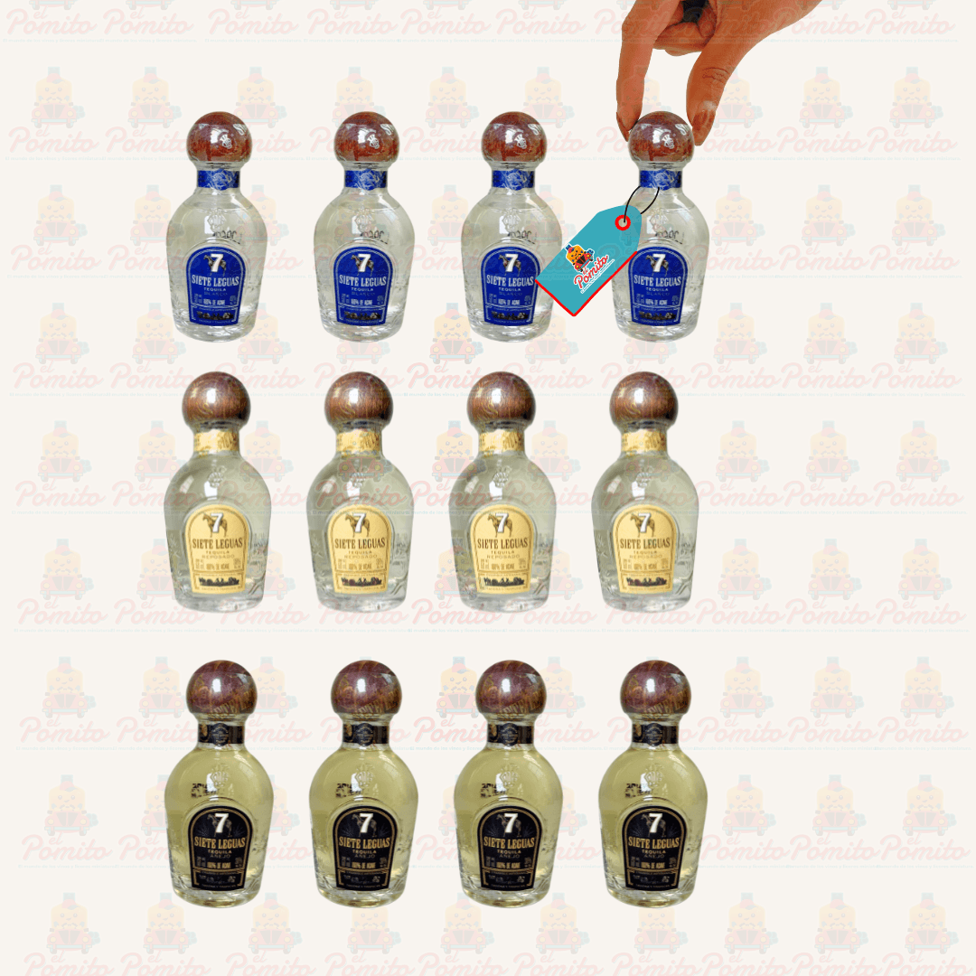 (12 piezas) Mini Tequila Siete Leguas Blanco, Reposado y Añejo 50 ml.